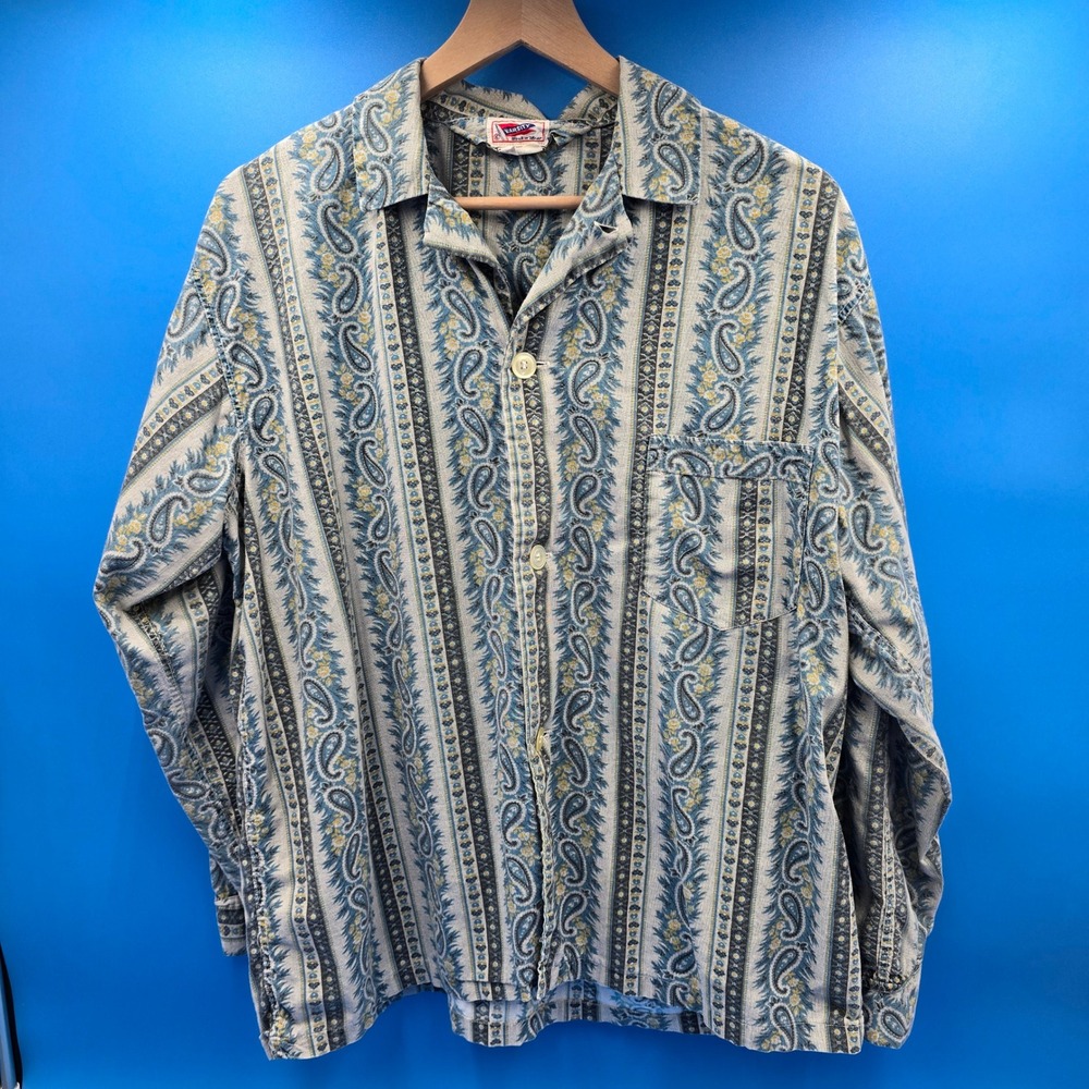 Vintage 50s 60s Varsity Wash n Wear Mens L Paisley Stripe Mod Rockabilly Shirt
